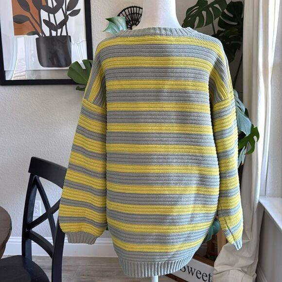 NWOT Free People Links Pullover Sweater Slouchy Knit Chunky Striped Yellow Gray - Picture 7 of 11